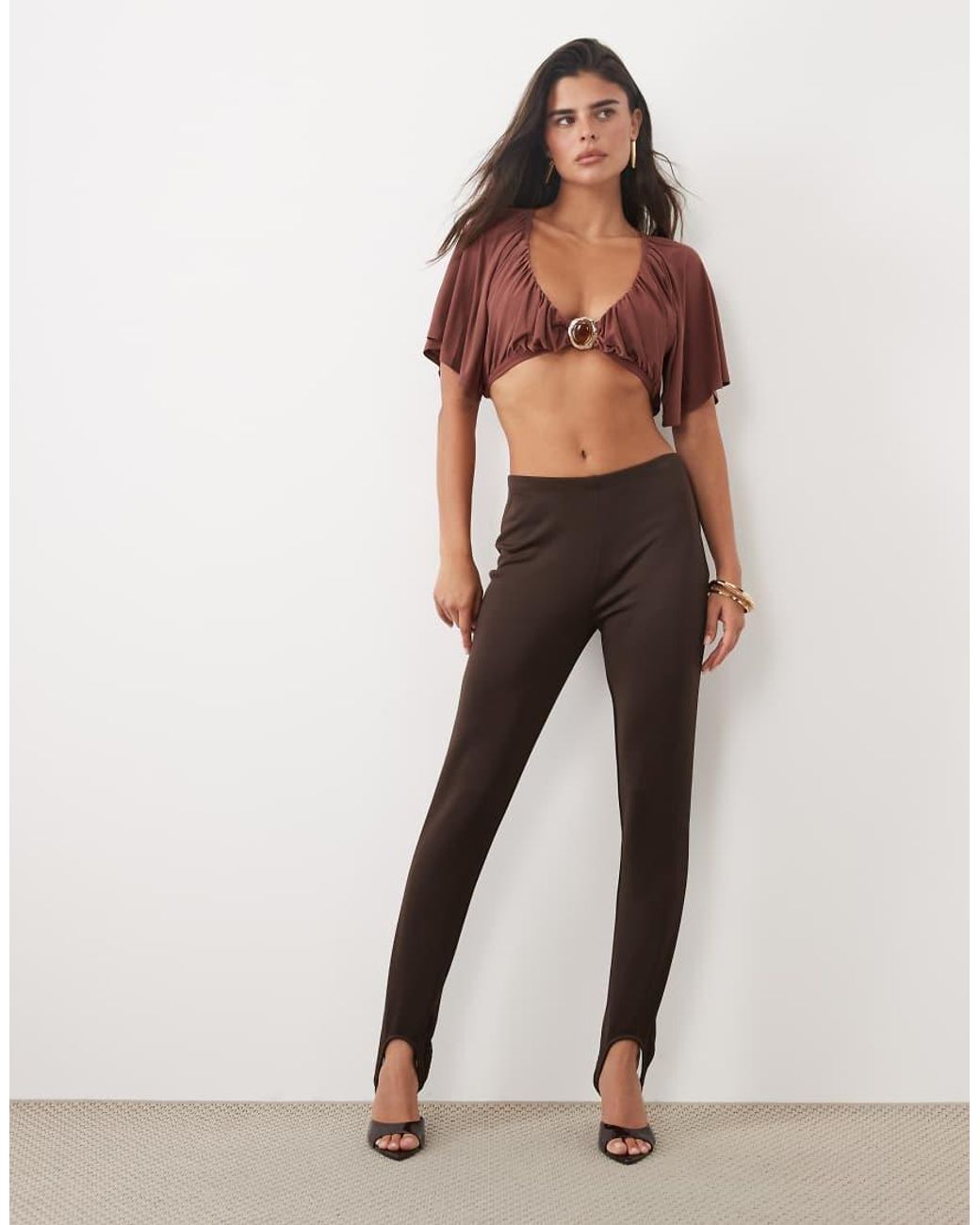 ASOS Brown Ruched Floaty Crop Top With Shell Detail