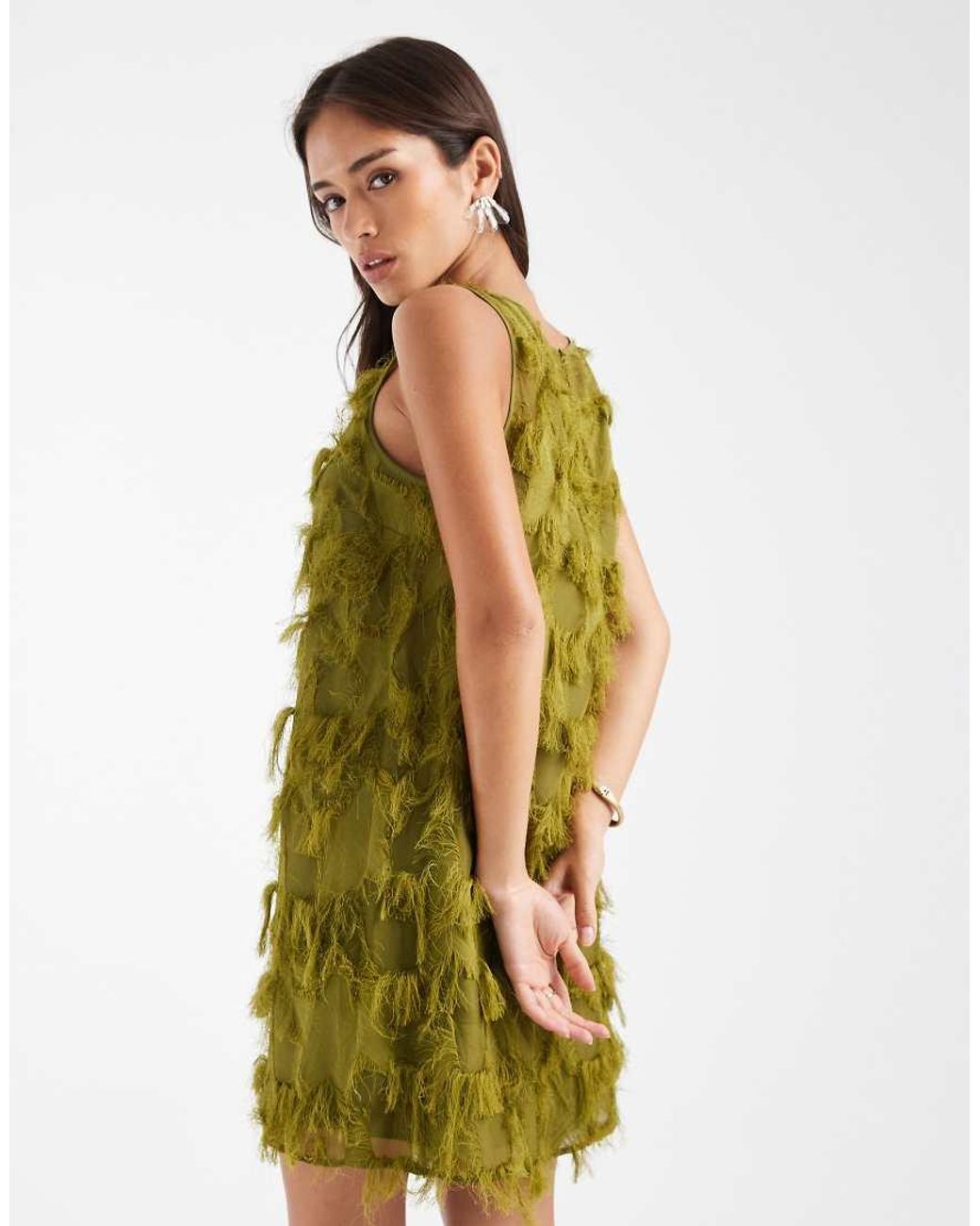 French Connection Green Fringed Chiffon Mini Dress