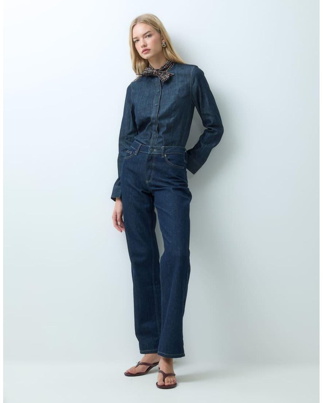 Mango Blue Denim Shirt With Contrast Tie Neck