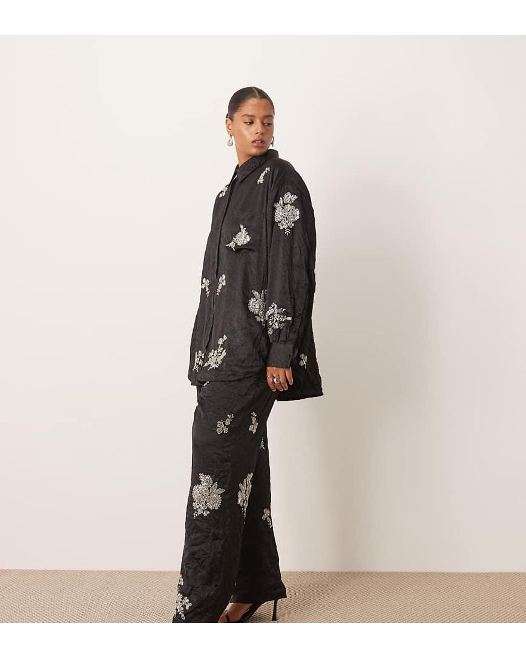 ARRANGE Black Curve Crinkle Satin Floral Embellished Trouser Co-Ord