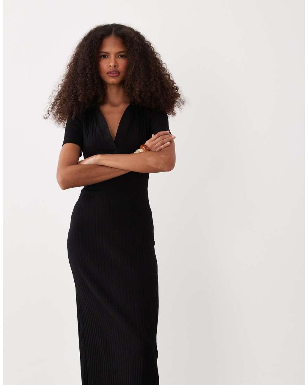 ASOS Black Ribbed Short Sleeve Polo Midi Dress