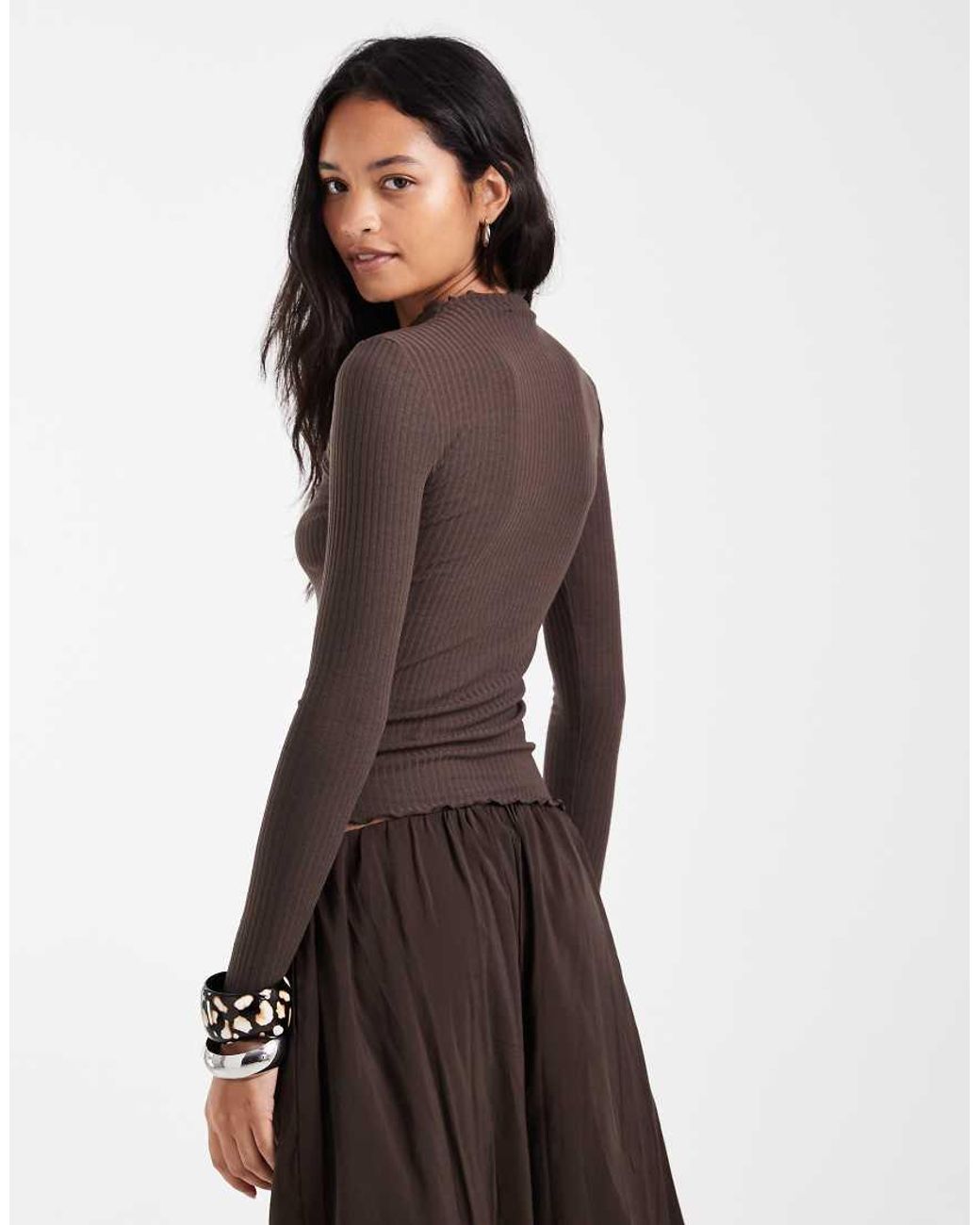 ONLY Brown High Neck Long Sleeve Top With Lettuce Edge