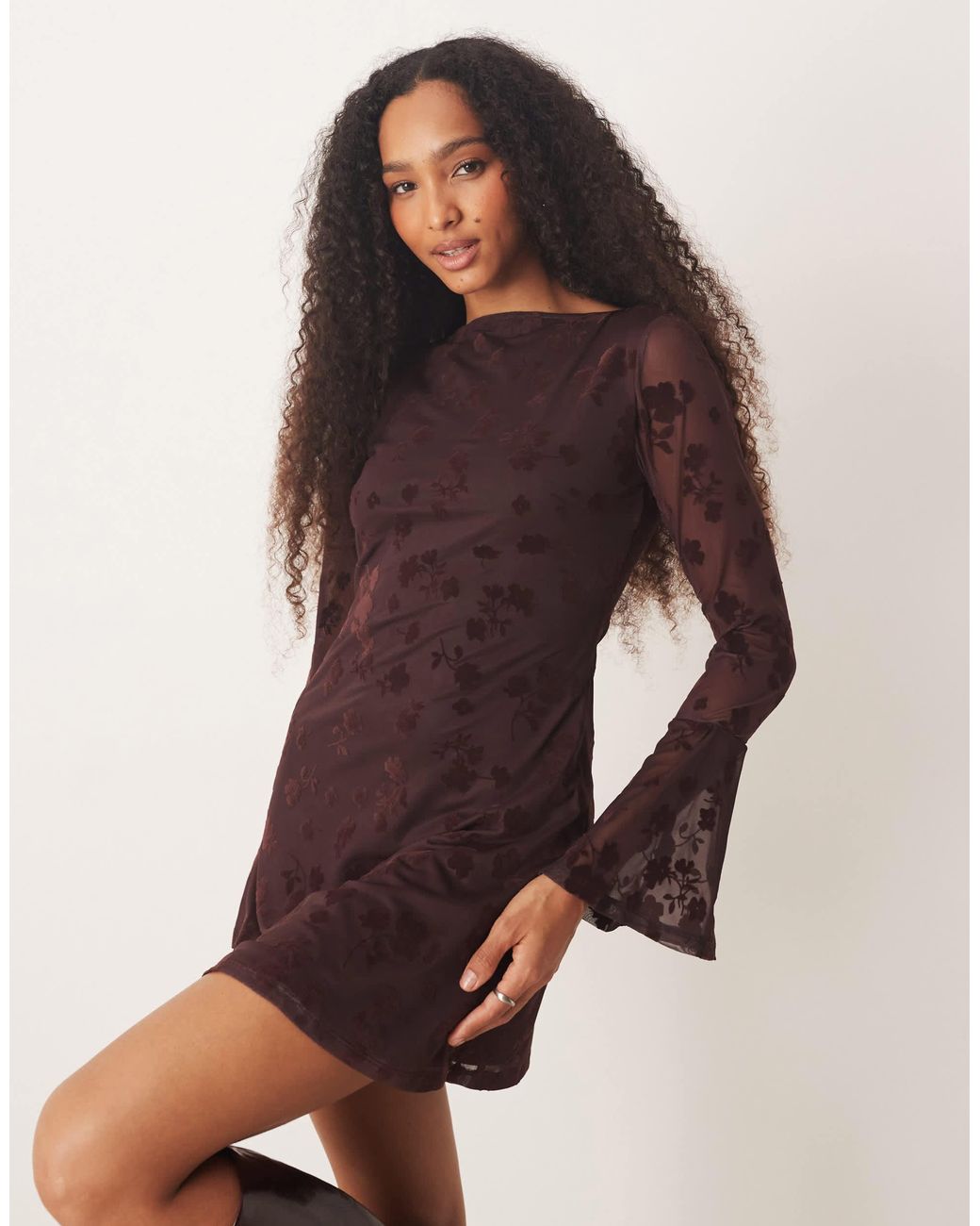 knee length dresses for ladies Estrid Embroidered Mesh Flute Sleeve Mini Dress