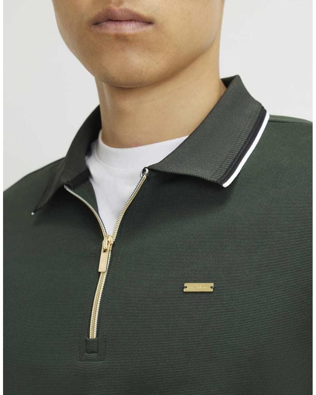 River Island Green Slim Fit Tipped Polo Shirt for men