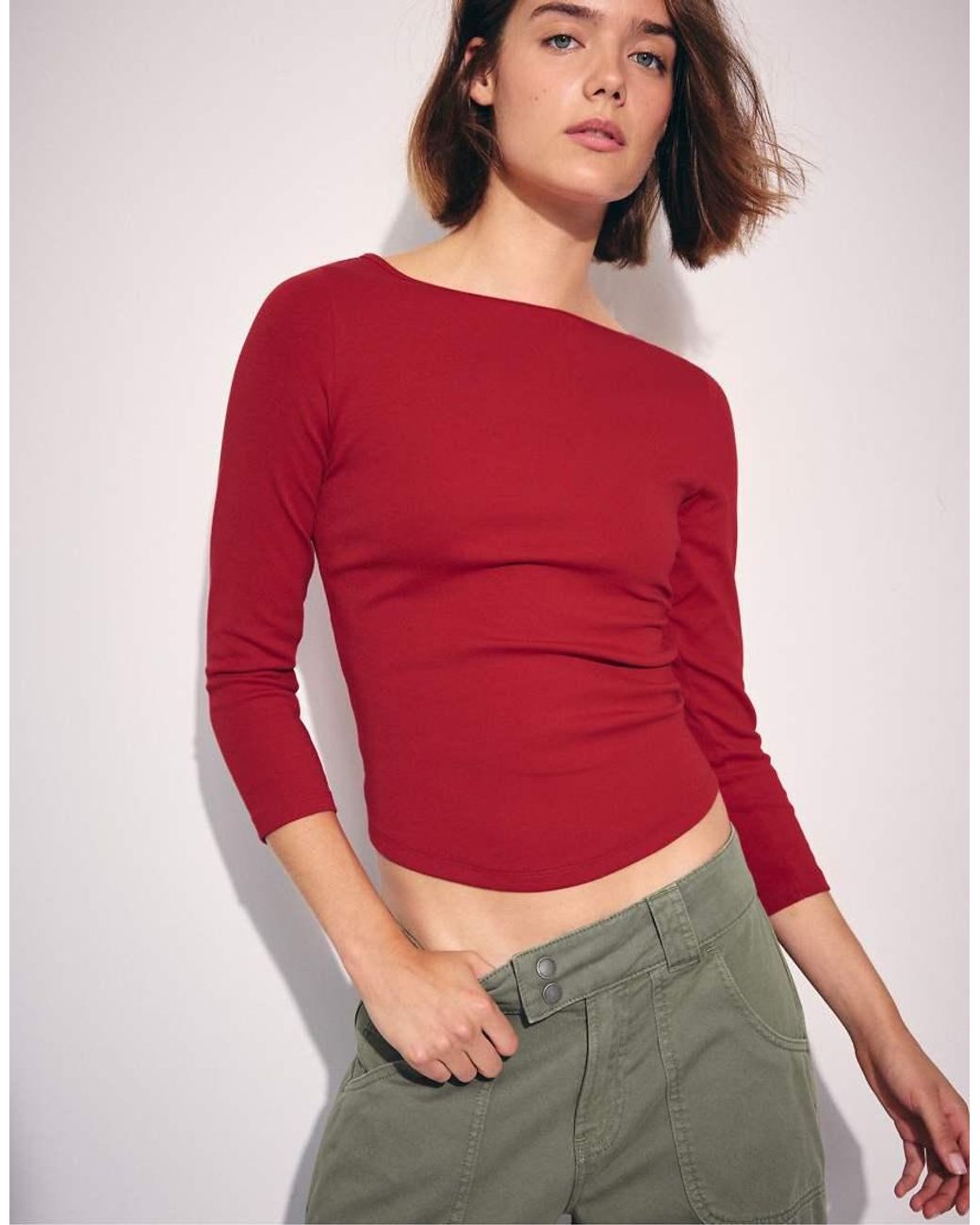Stradivarius Red Boat Neck 3/4 Sleeve T-shirt