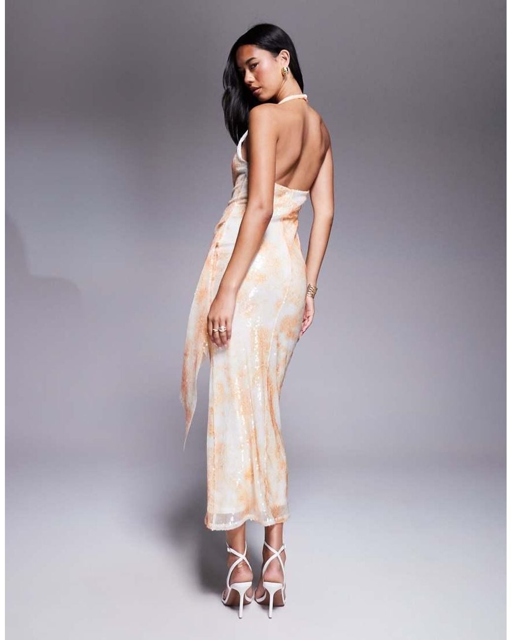 ASOS Gray Printed Sequin Halter Maxi Dress