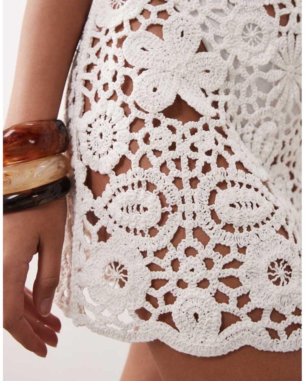 SNDY'S White Cotton Rich Flower Crochet Beach Mini Dress