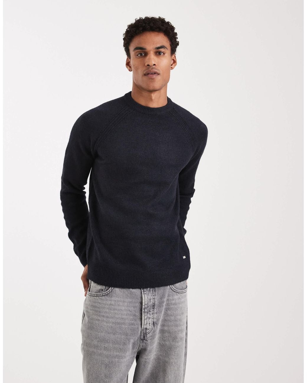 Threadbare Blue Knitted Crew Neck Jumper for men