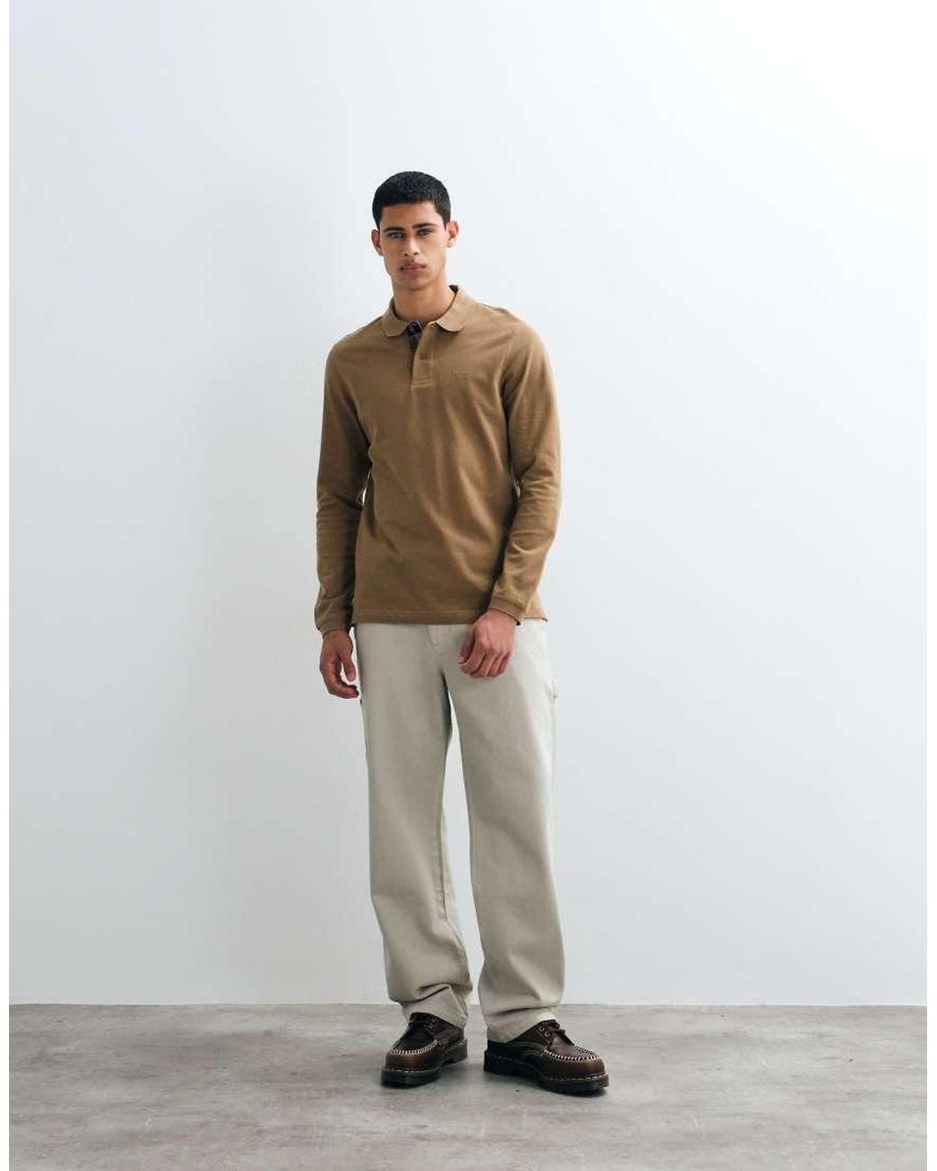 Barbour Brown Essential Long Sleeve Tartan Pique Polo Shirt for men