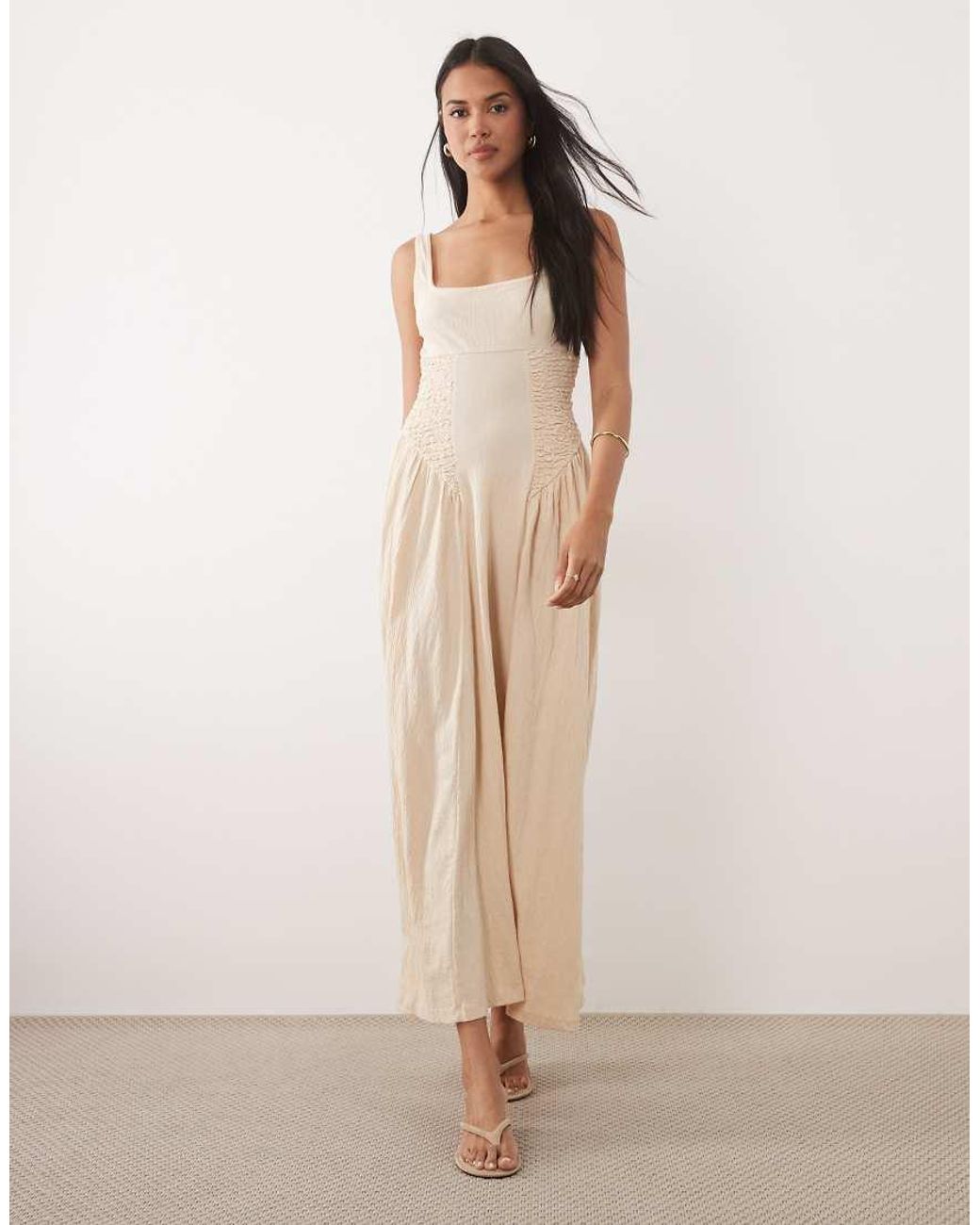ASOS Natural Crinkle Square Neck Panel Detail Midi Dress