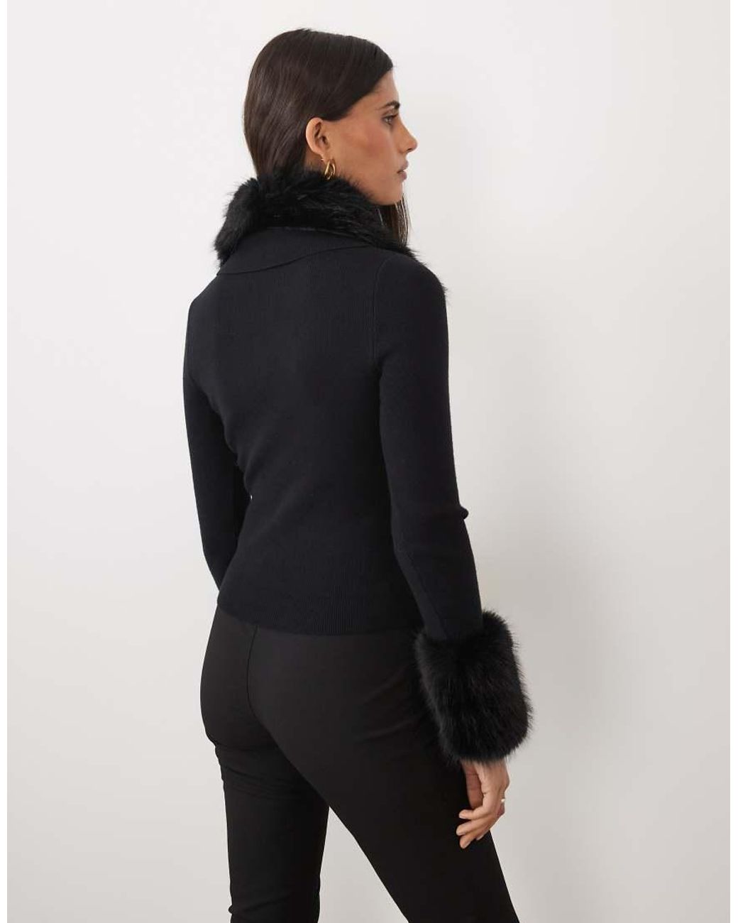 The Frolic Black Exclusive Knitted Faux Fur Collar & Cuff Cardigan