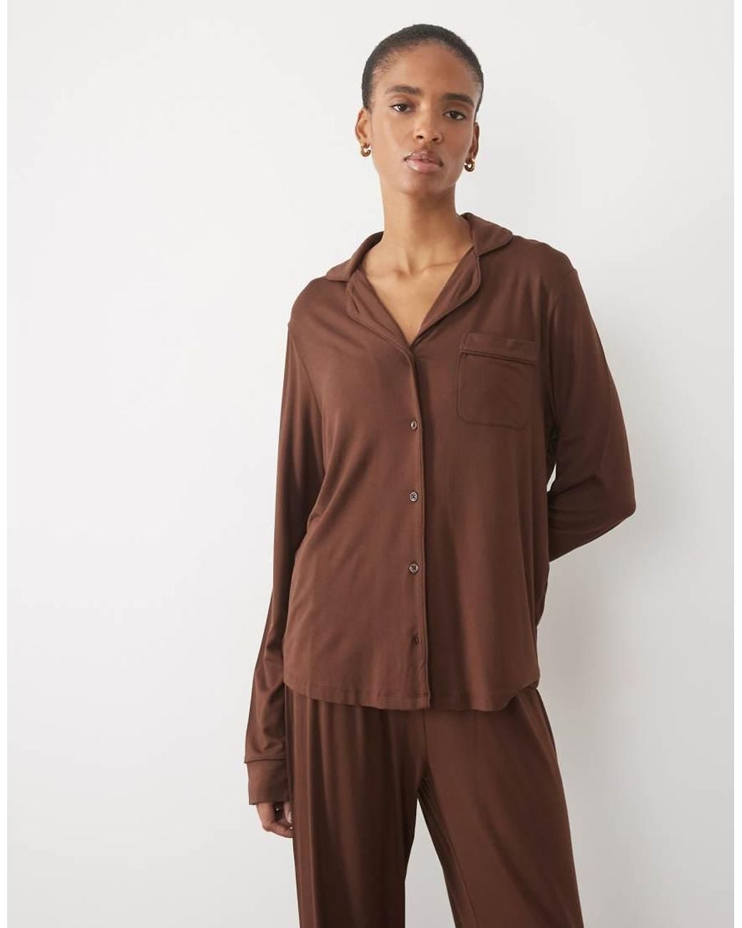 ASOS Brown Asos Design Tall Super Soft Long Sleeve Shirt & Pant Pyjama Set