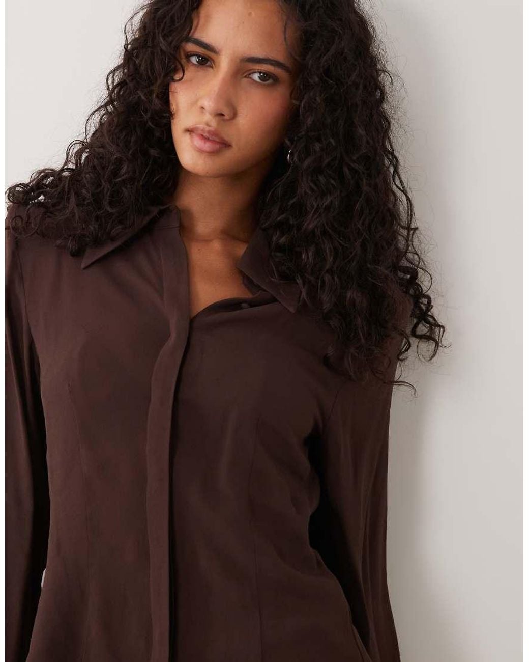 AFRM Brown Caroline Long Sleeve Button Down Shirt With Shoulder Pads Co-Ord