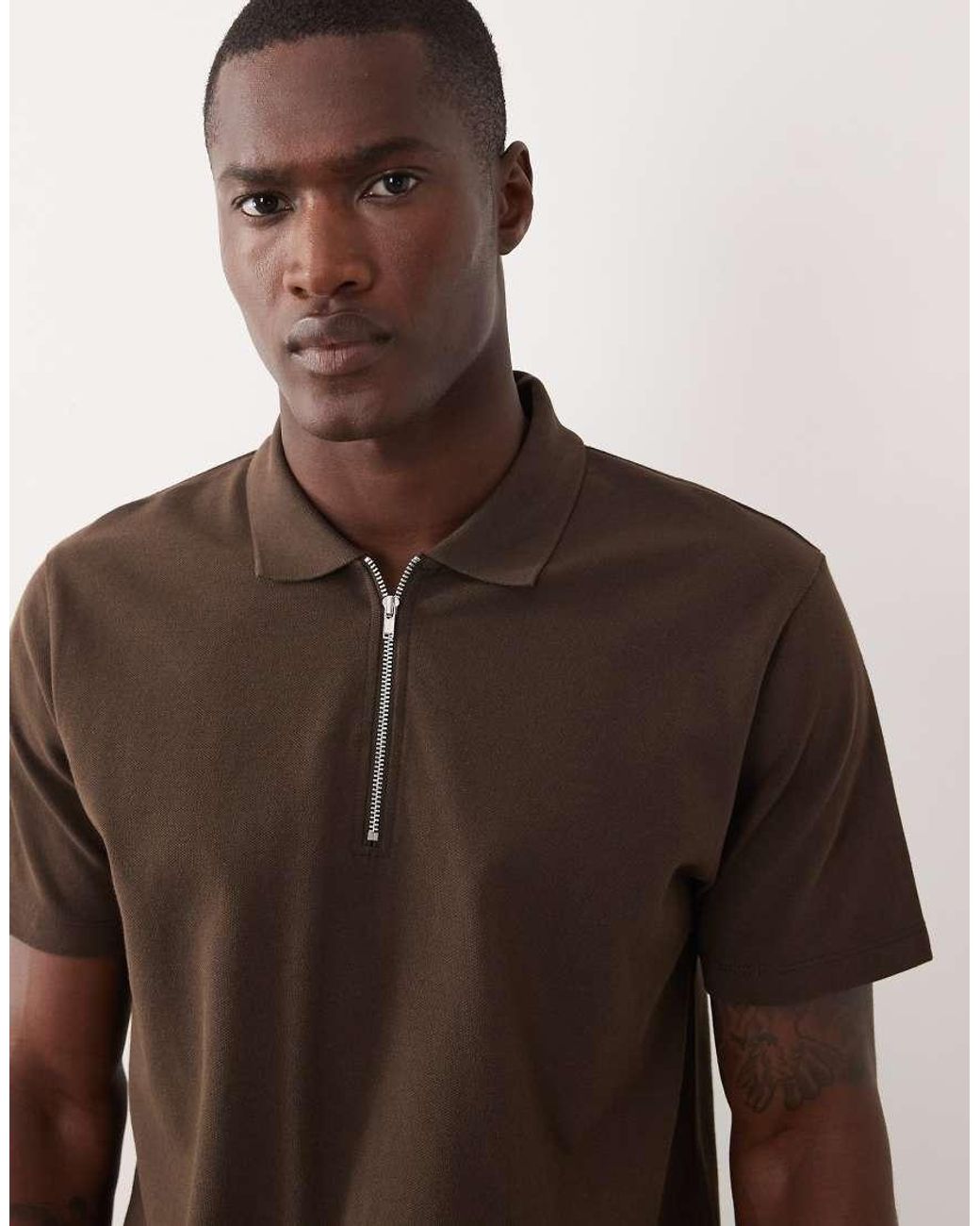 ASOS Brown Regular Fit Polo With Zip for men