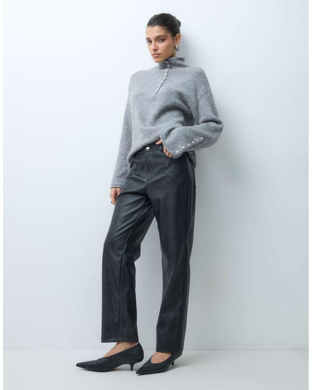Gina Tricot Gray Wide Sleeve High Neck Knitted Top With Button Detail
