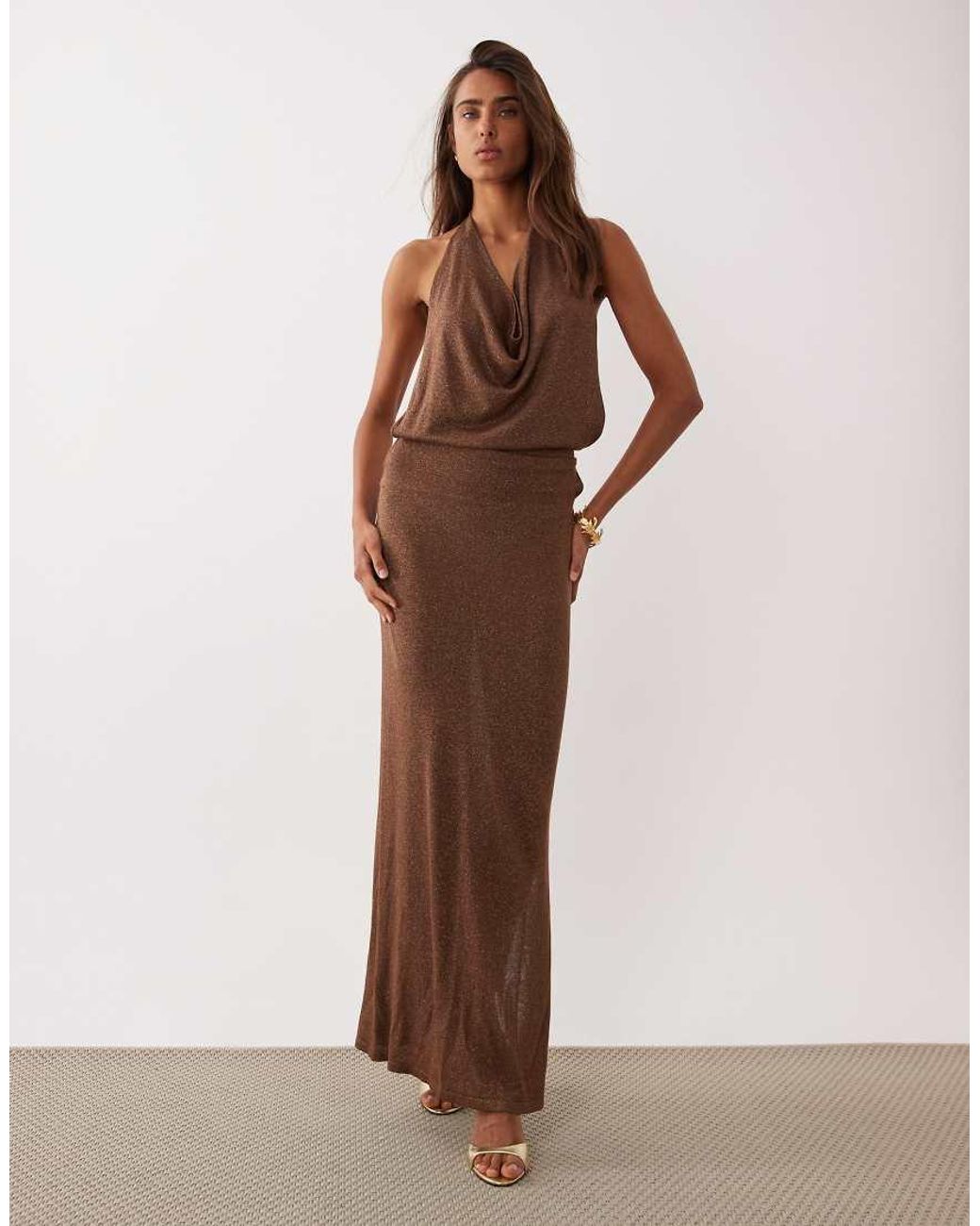 Miss Selfridge Brown Halterneck Knitted Glitter Maxi Dress
