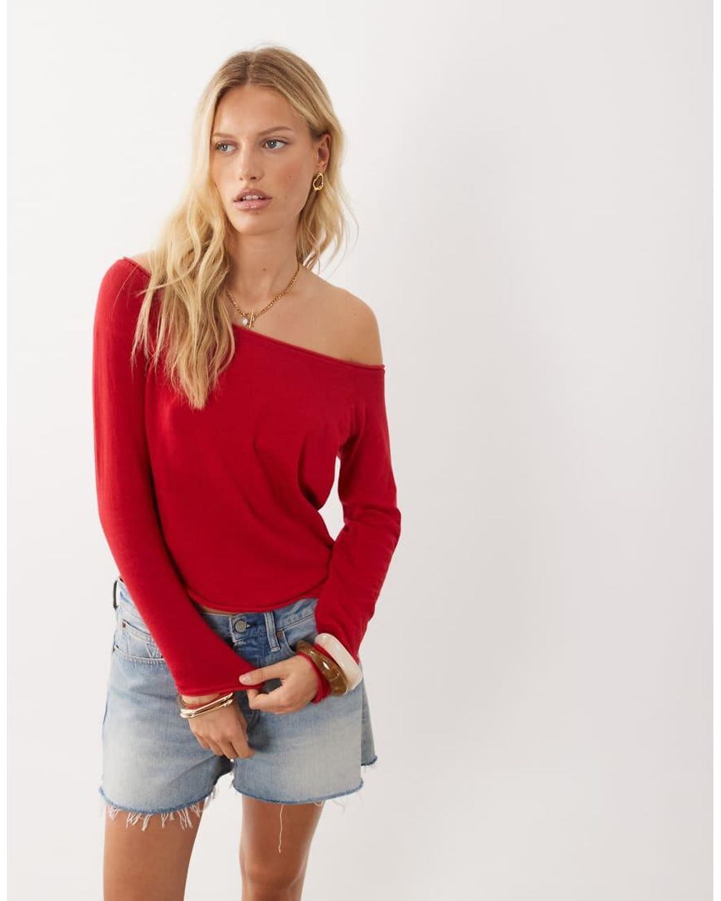 Mango Red Teen Knitted Off Shoulder Long Sleeve Top