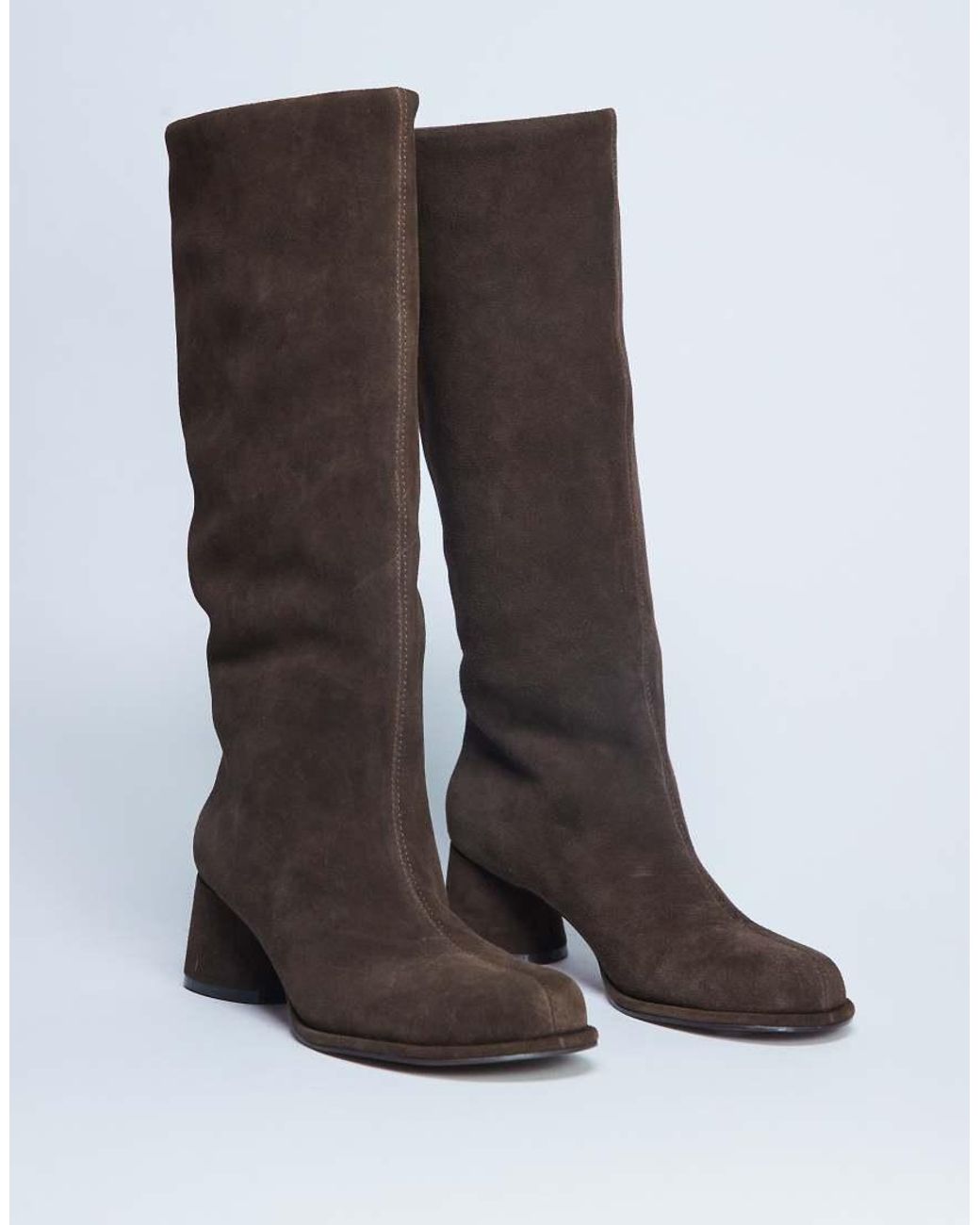 TOPSHOP Brown Thea Real Suede Knee High Block Heel Boot