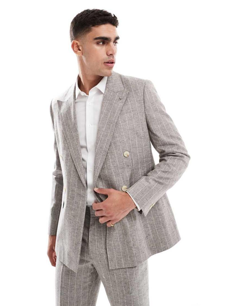 River Island Gray Double Breasted Slim Linen Suit Jacket for men
