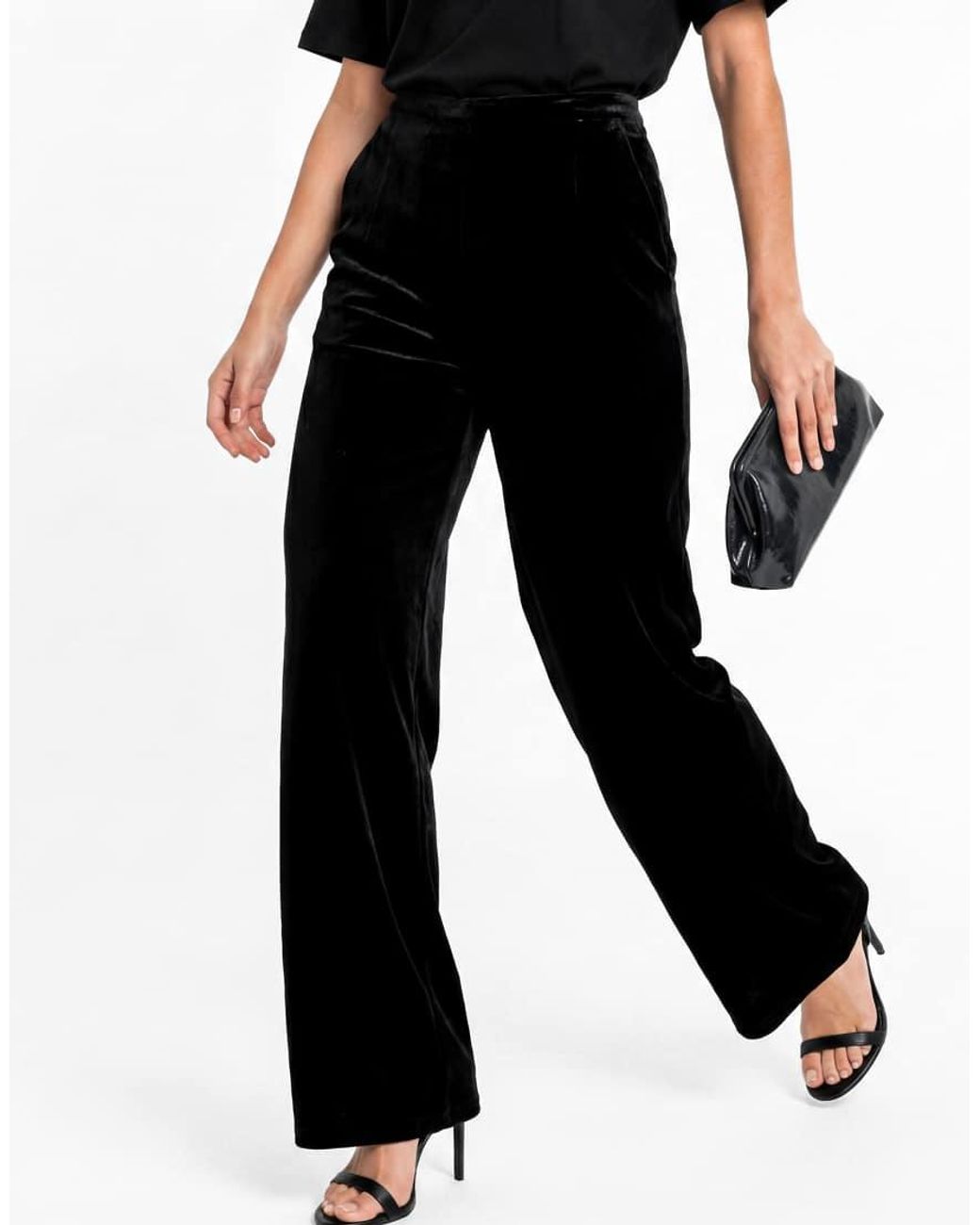 Lovedrobe Black High Waist Wide Leg Velvet Trousers