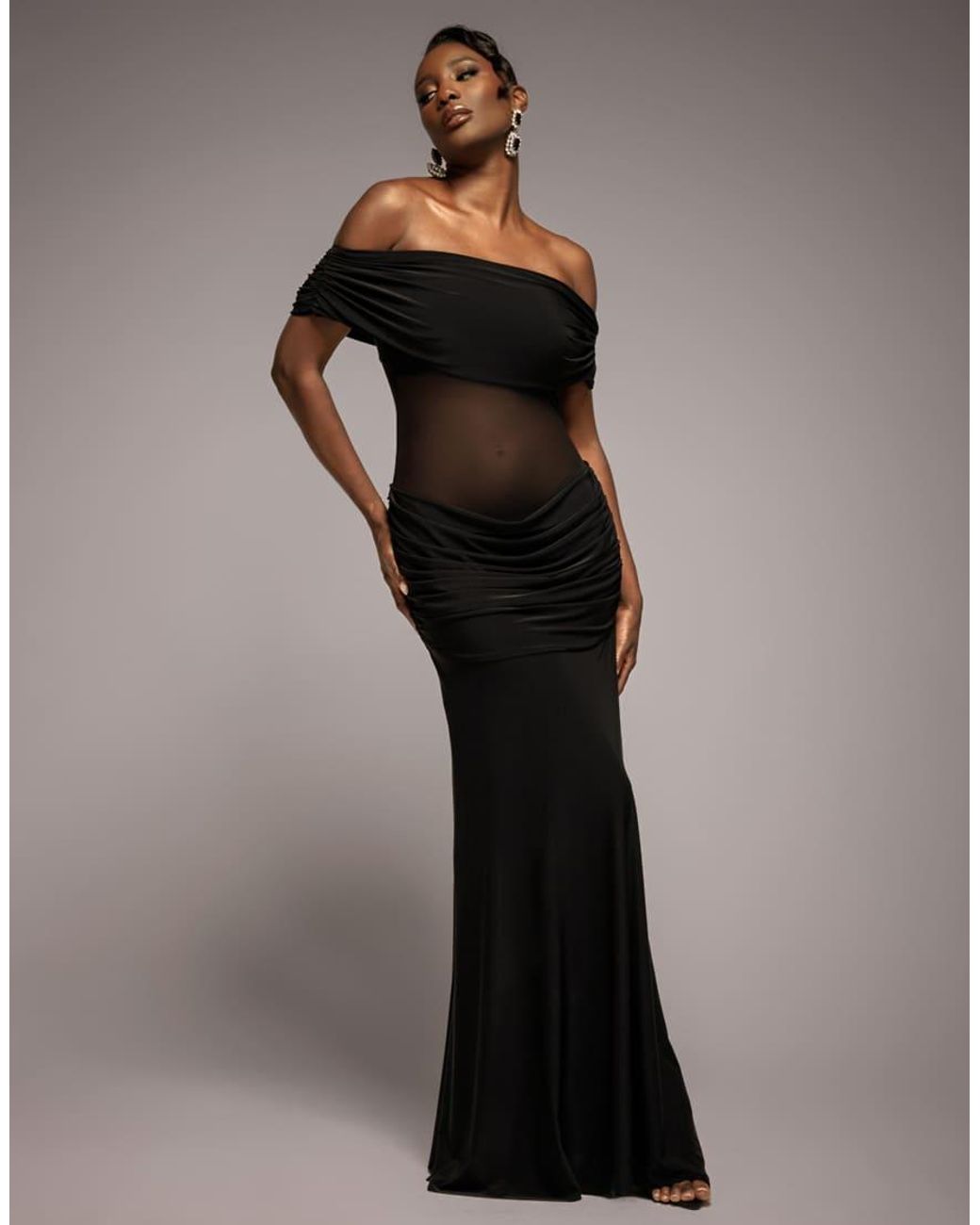 Goddiva Black Gathered Off The Shoulder Mesh Waist Panel Maxi Dress