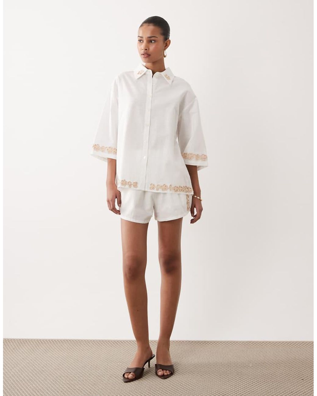 SNDY'S Natural Linen & Cotton Blend Flower Applique Trim Oversized Shirt