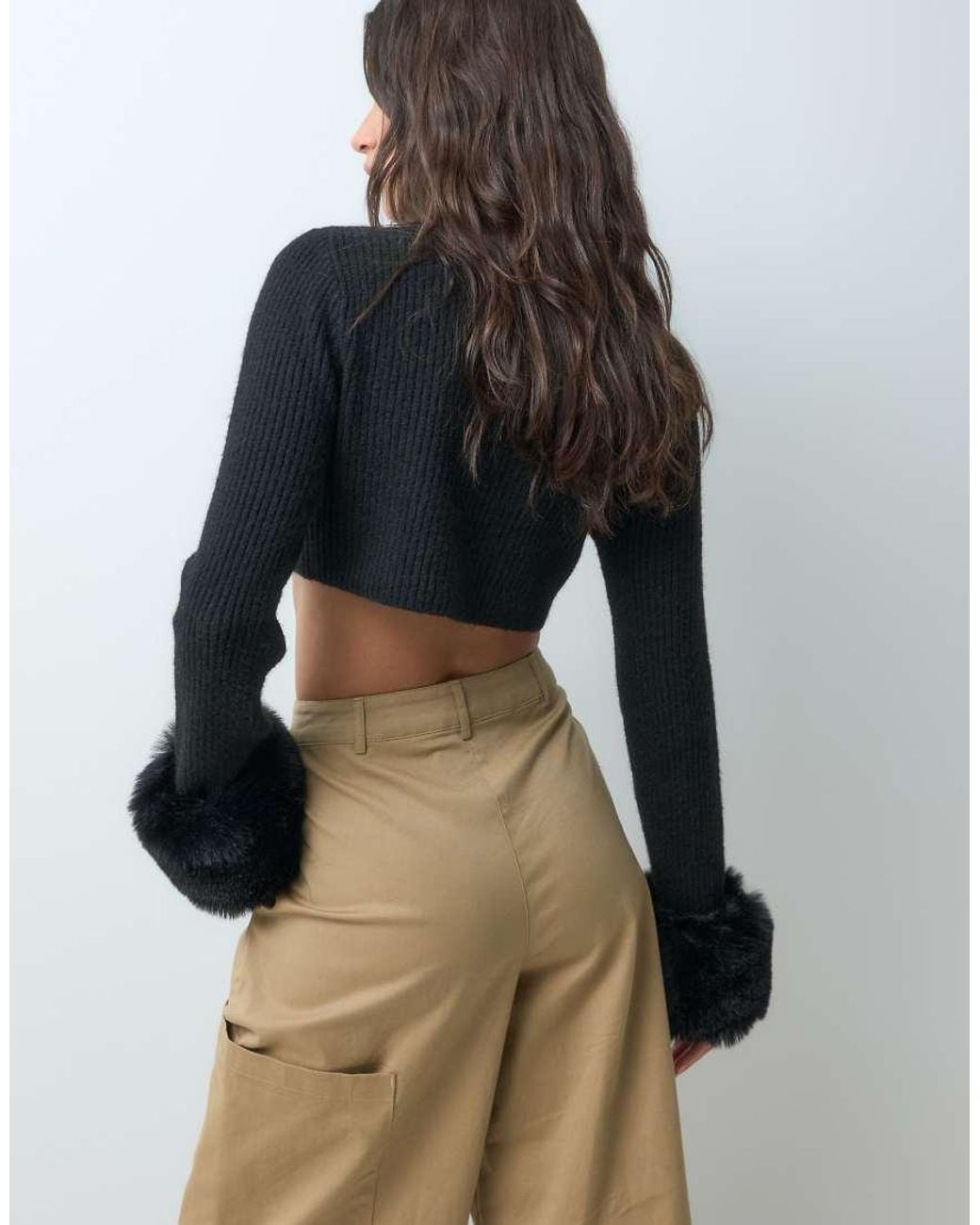 Miss Selfridge Black Crew Neck Knitted Jumper With Fur Collar And Cuff