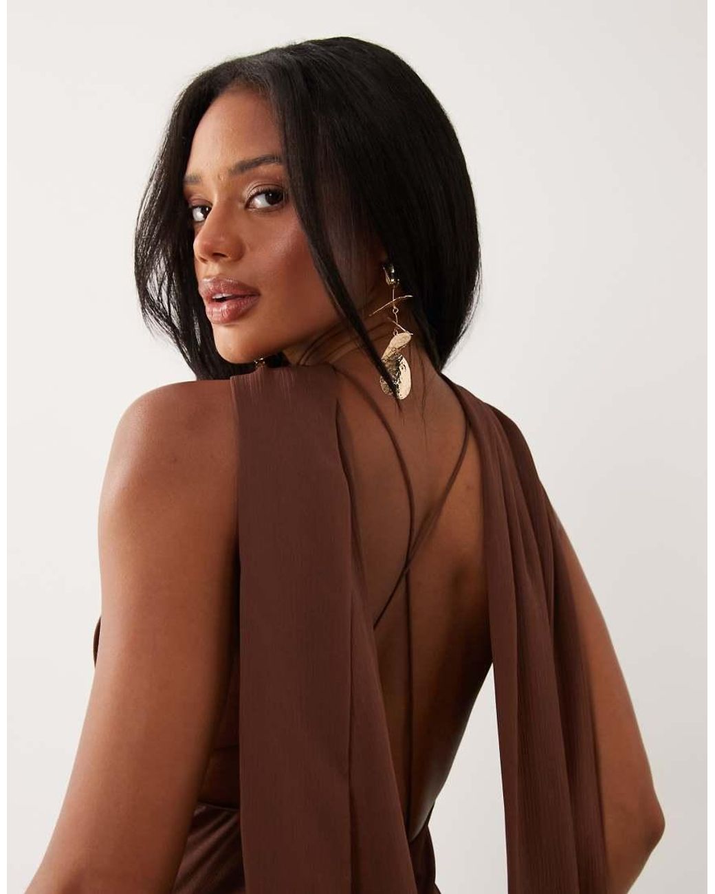 ASOS Brown Halter Maxi Dress With Scarf Detail And Ruffle Hem