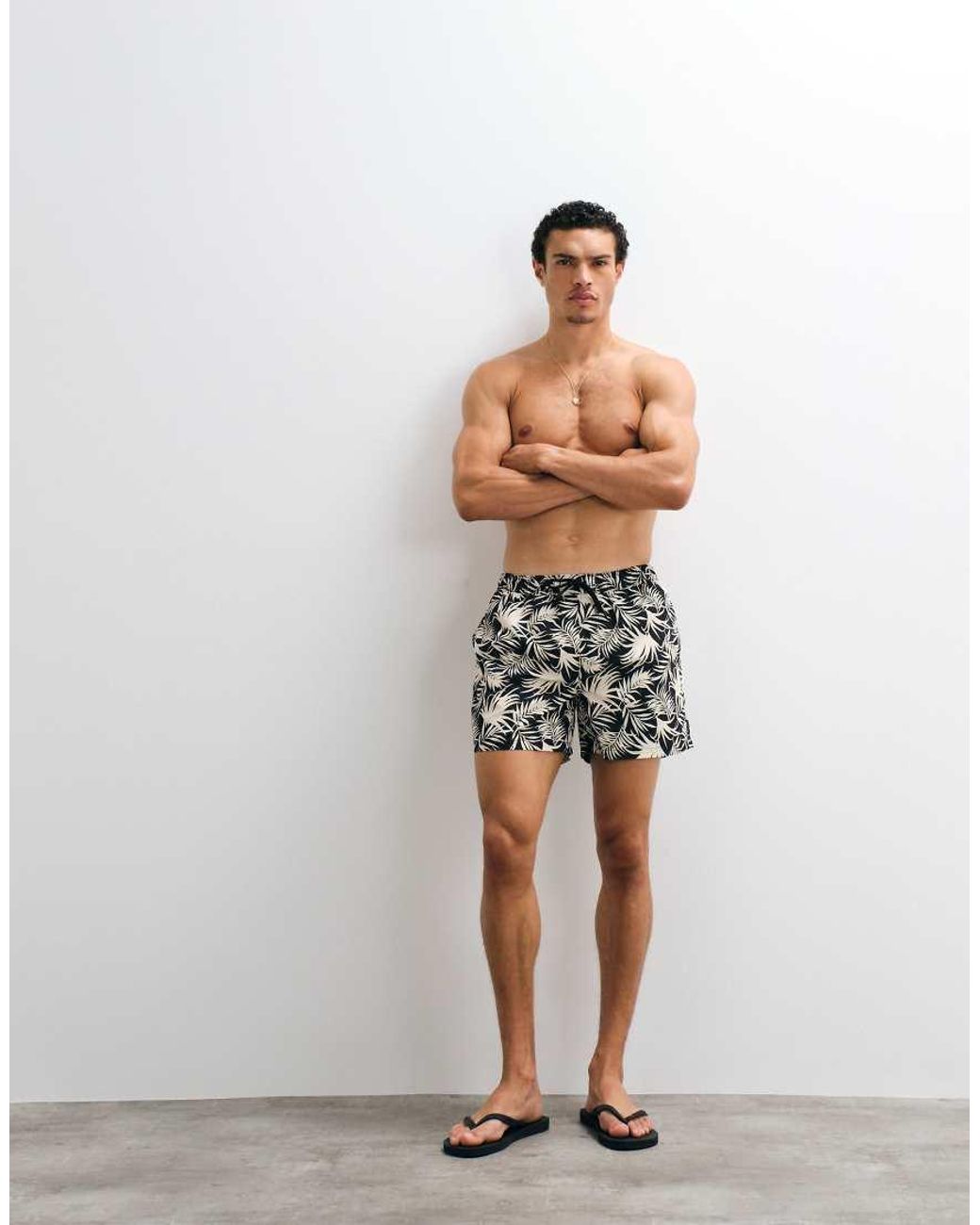 New Look Black Palm Print Swim Shorts for men