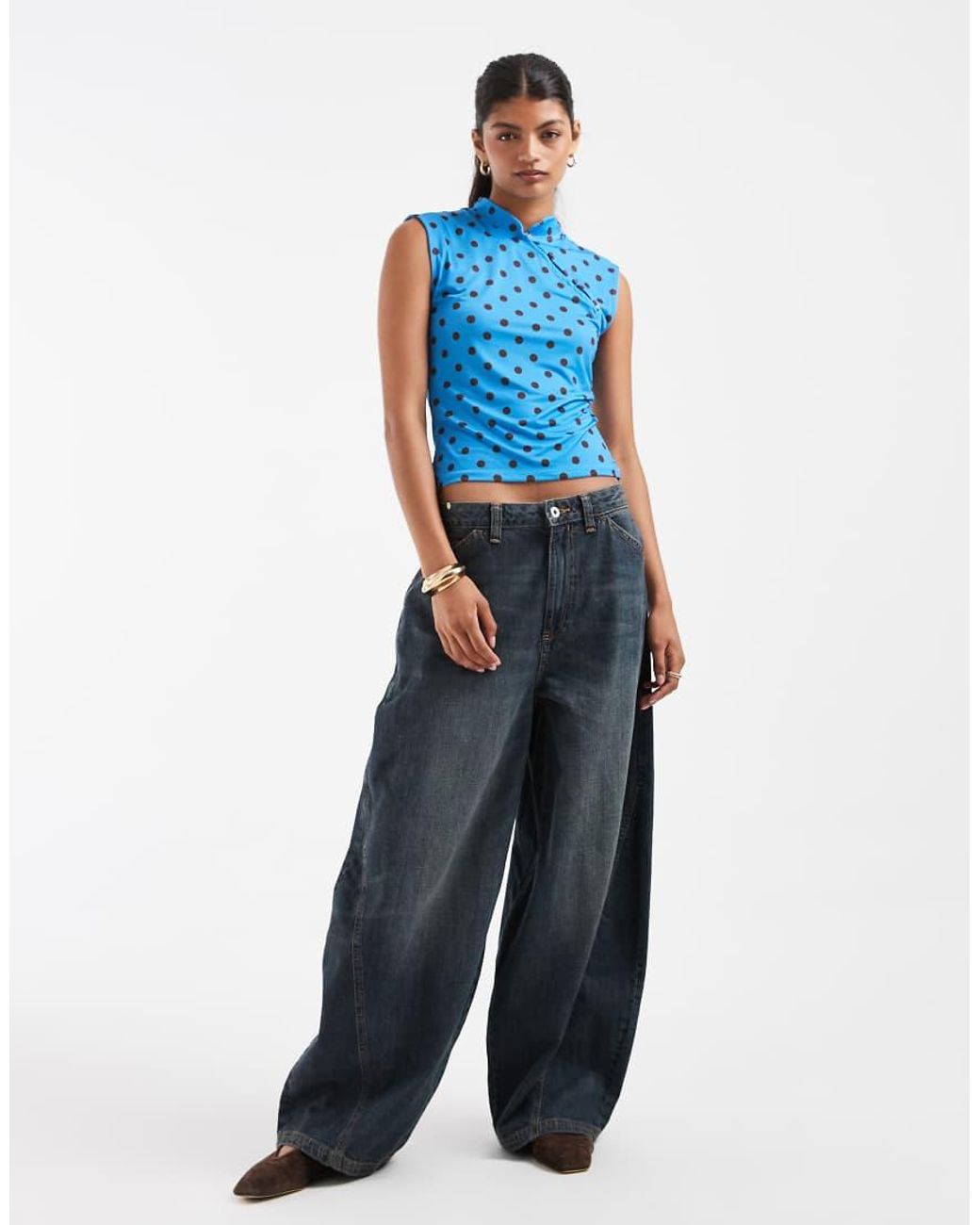 Pieces Blue Asymmetric Button Jersey Top