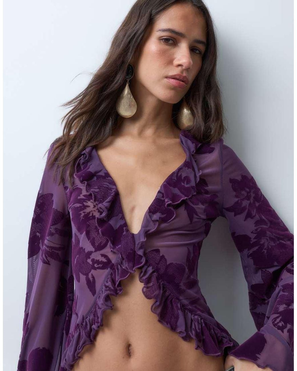 ASOS Purple Flock Ruffle Front Long Sleeve Top