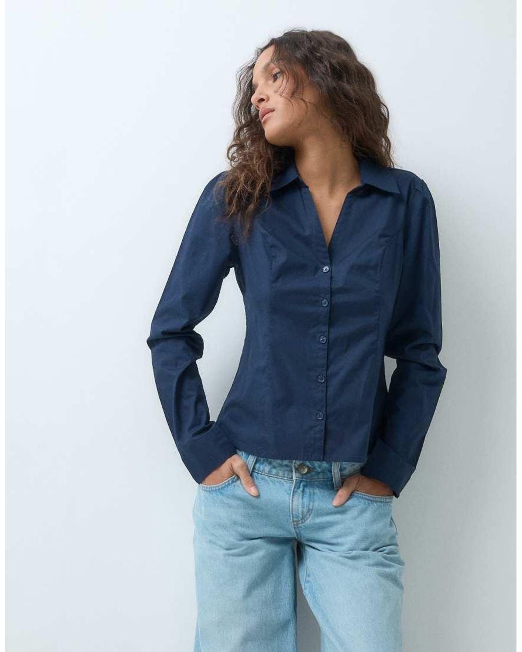 Hollister Blue Long Sleeve Fitted Tie Up Shirt