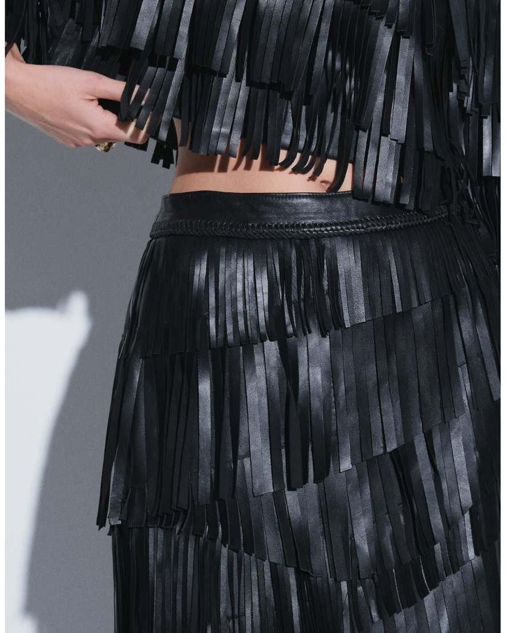 ARRANGE Blue Leather Asymmetric Fringe Midi Skirt Co-ord