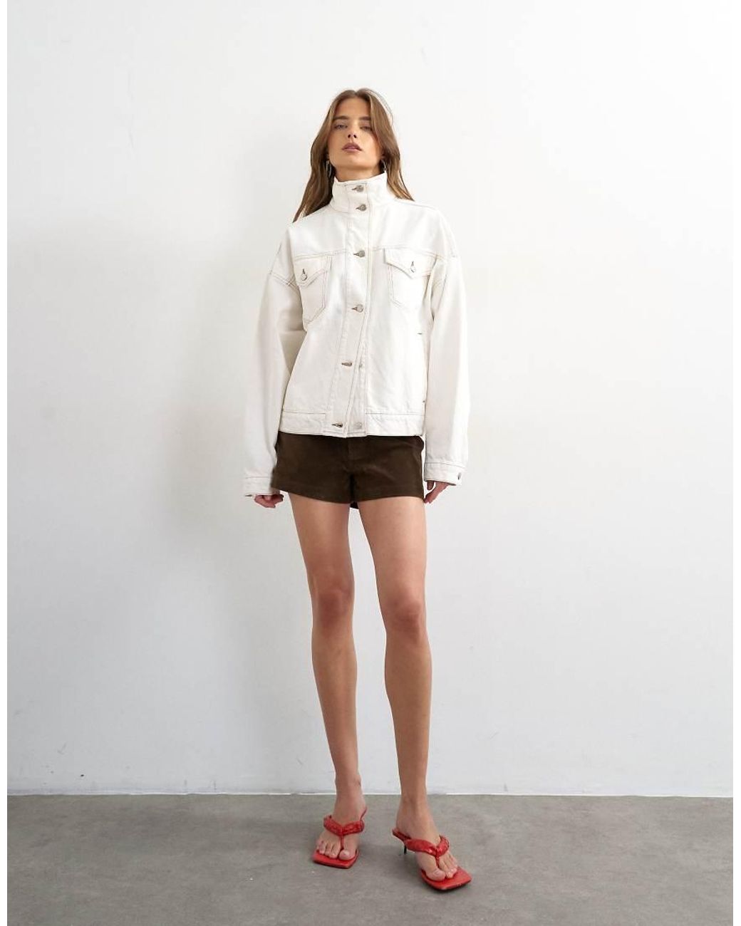 TOPSHOP White Denim Funnel Neck Elastic Hem Detail Jacket