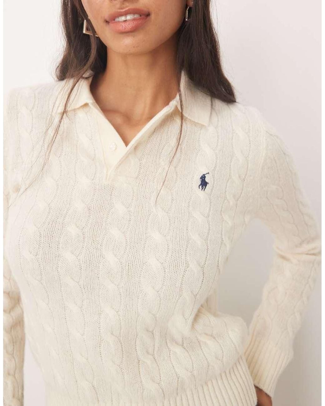 Polo Ralph Lauren White Cable Knit Collar Jumper
