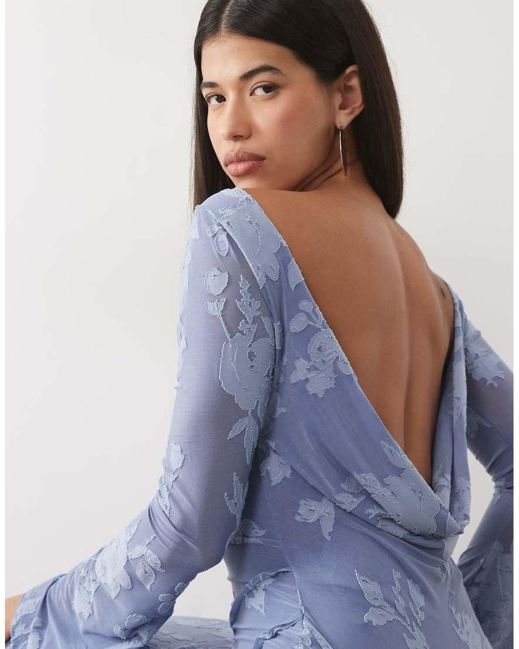 ASOS Blue Devore Long Sleeve Open Back Maxi Dress