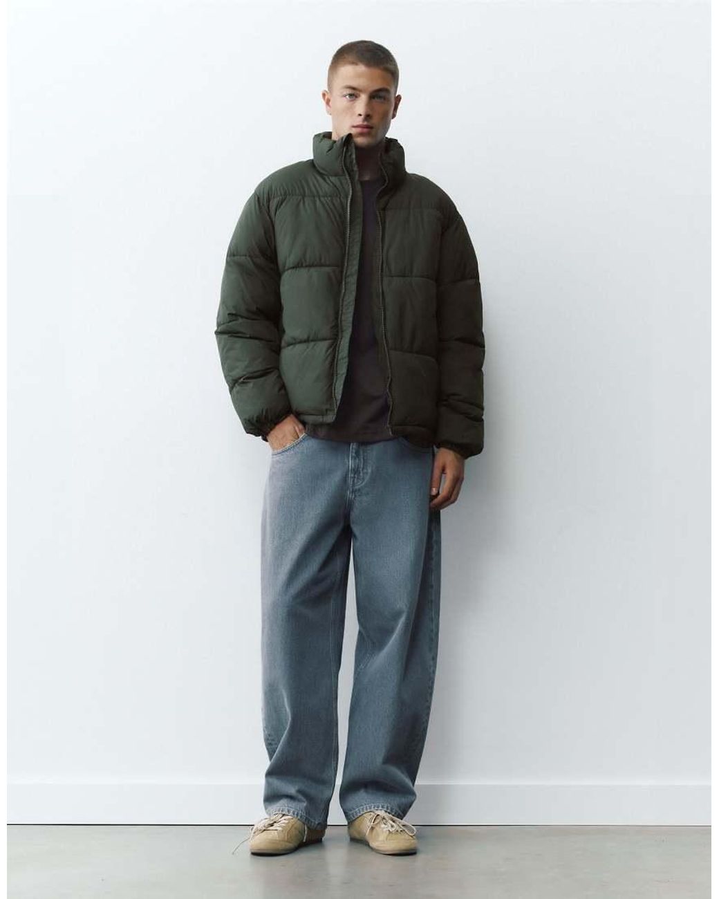 Pull&Bear Gray High Neck Puffer Jacket for men
