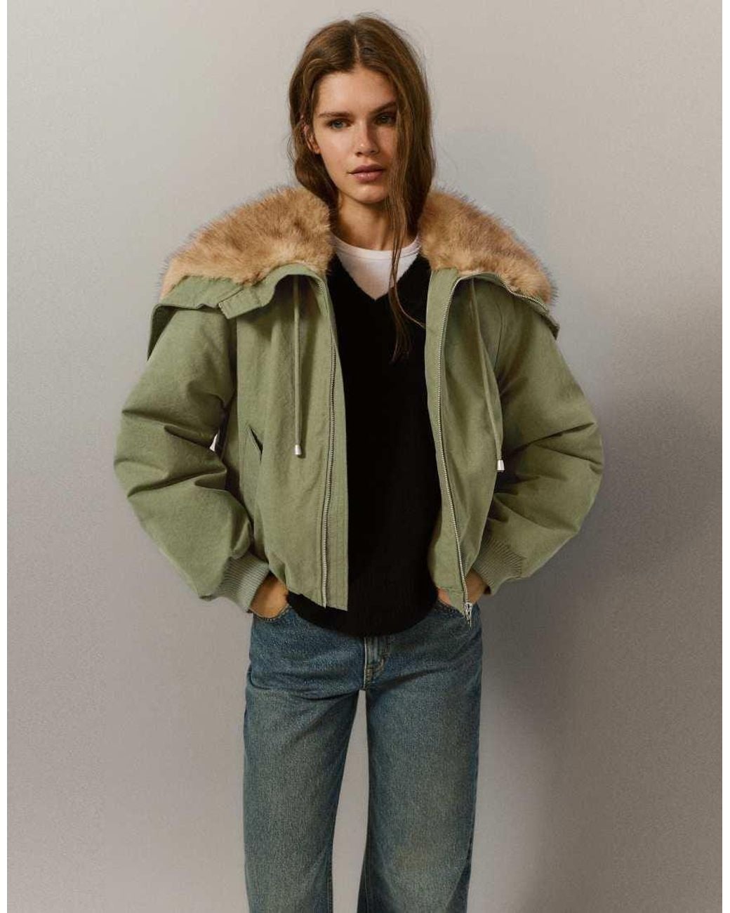 Pull&Bear Green Parka With Faux Fur Collar