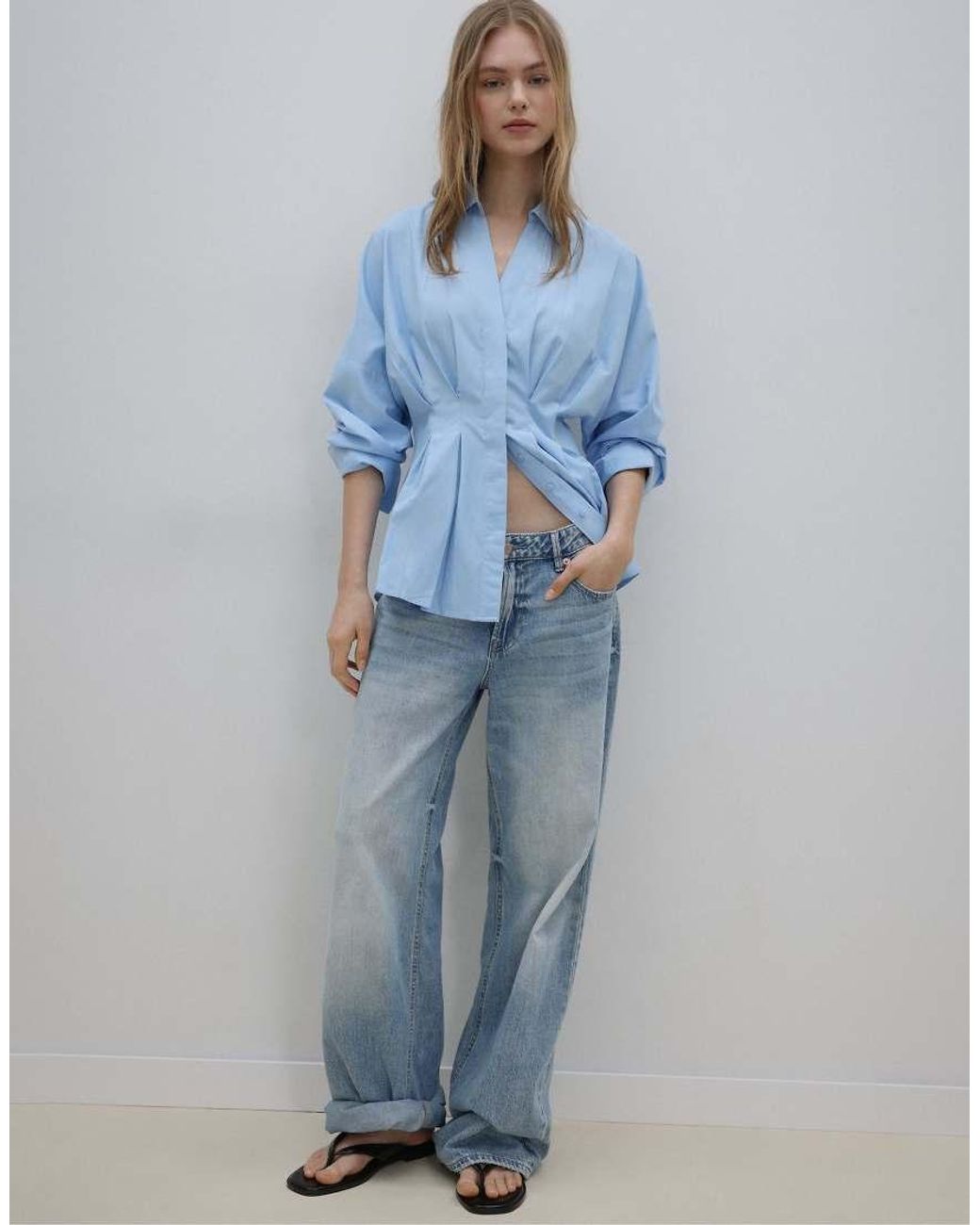Stradivarius Blue Poplin Shirt With Pleats