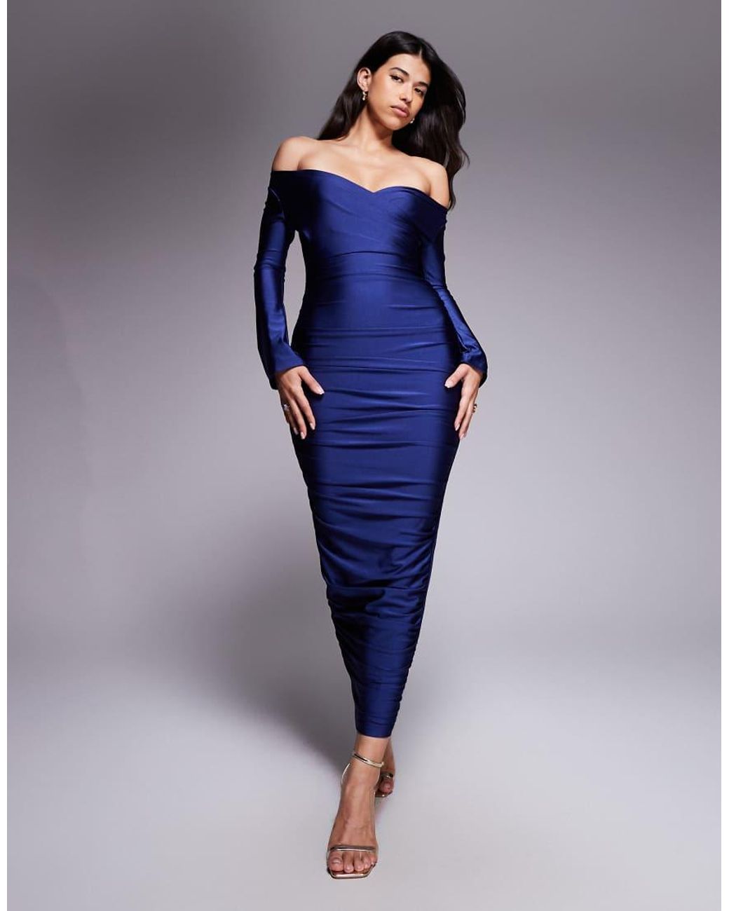 Ruched & Ready Blue You Wish Sculpted High Shine Off Shoulder Sweetheart Neck Maxi Dress