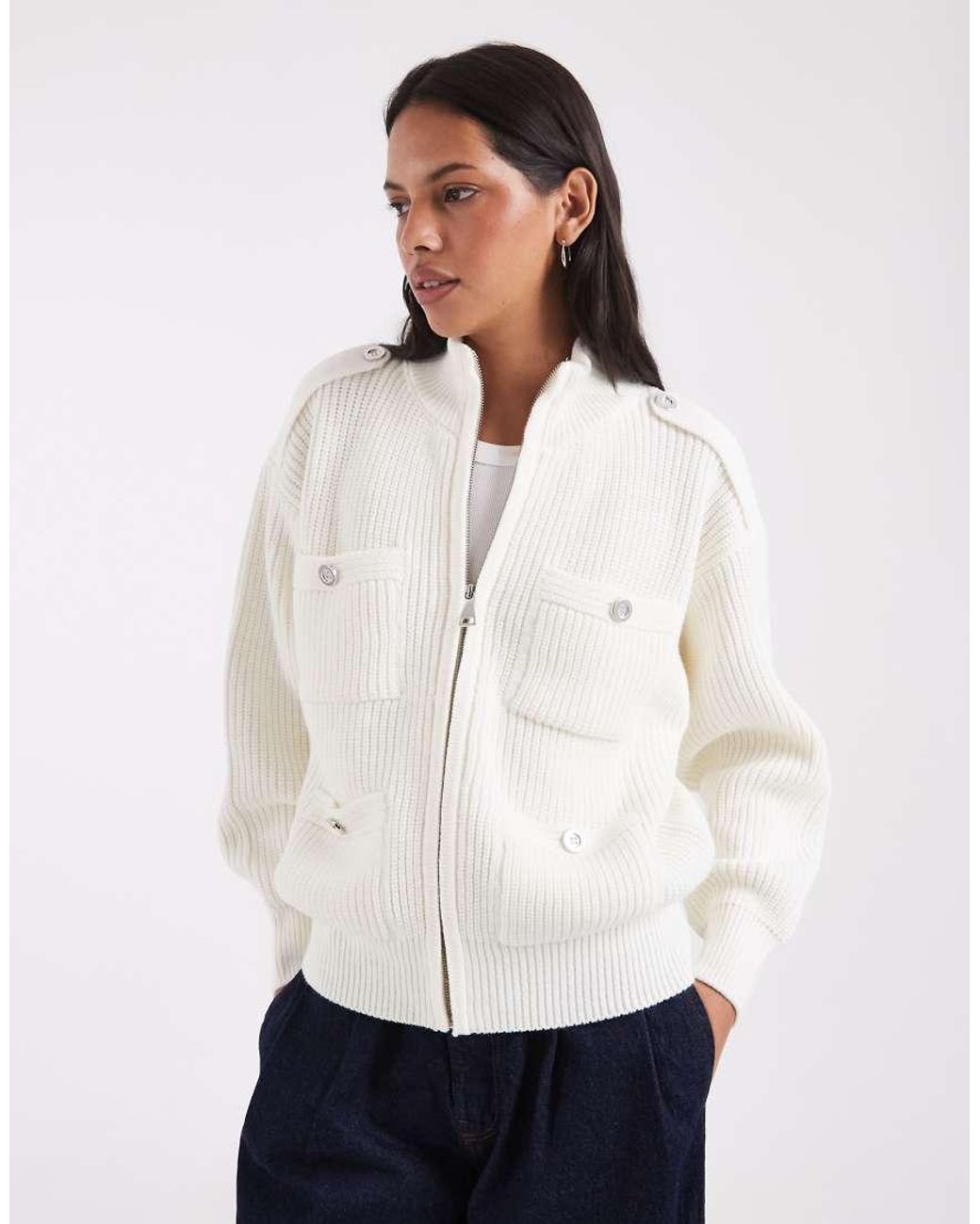 ASOS White Knitted Funnel Neck Jacket With Silver Buttons