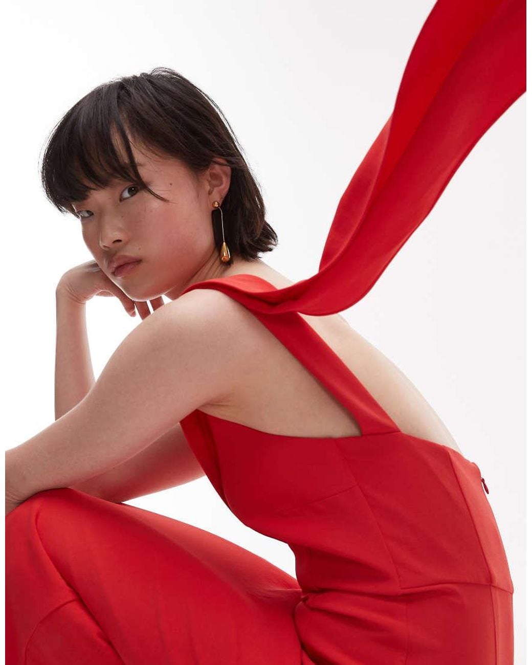 Mango Red One Sholder Draped Dress