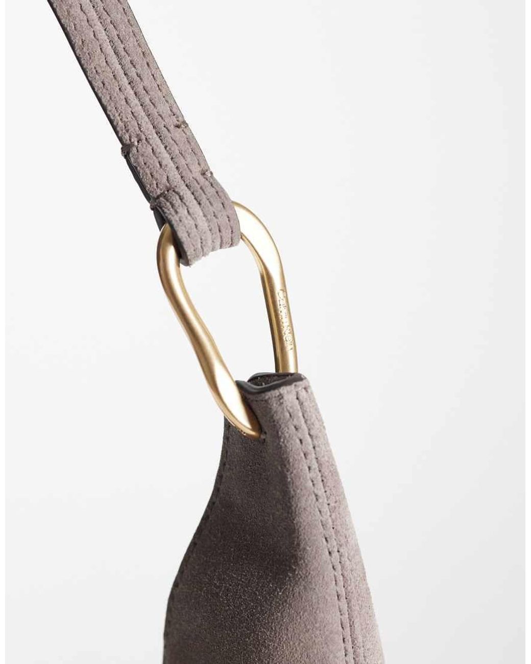 Calvin Klein Gray Suede Large Shoulder Bag With Gold Hardware Detail