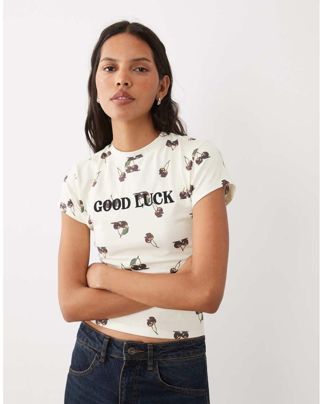 ASOS Multicolor Baby Tee With Good Luck Slogan And Cherry Print