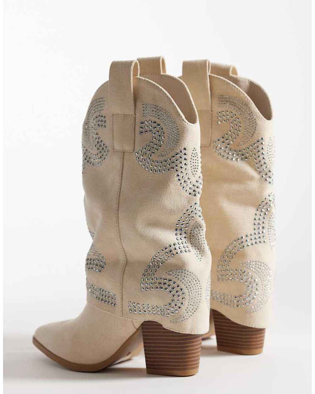 SEQWL Wide Fit Natural Embelished Western Knee Boots