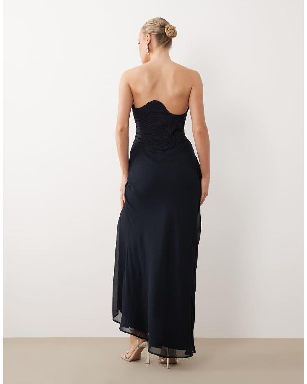 ASOS Blue Bandeau Swirl Neckline Satin Bodice Maxi Dress With Draped Chiffon Skirt