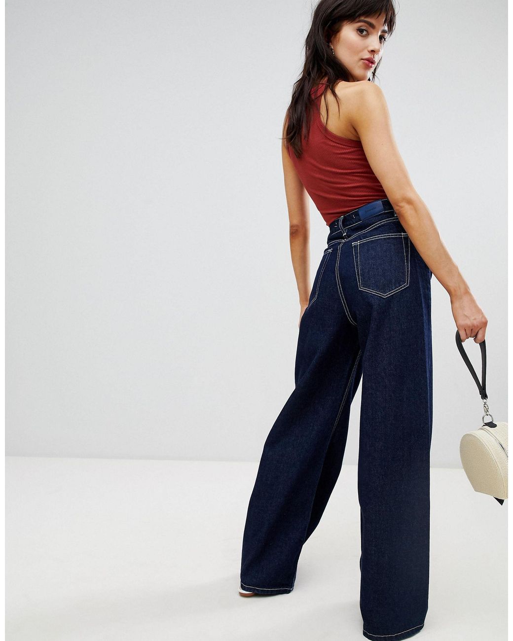 Stradivarius Wide Leg Jean With Contrast Stitch in Blue | Lyst