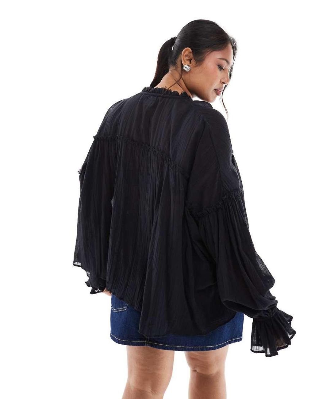ASOS Blue Asos Design Curve Tie Neck Ruffle Detail Crinkle Long Sleeve Smock Top