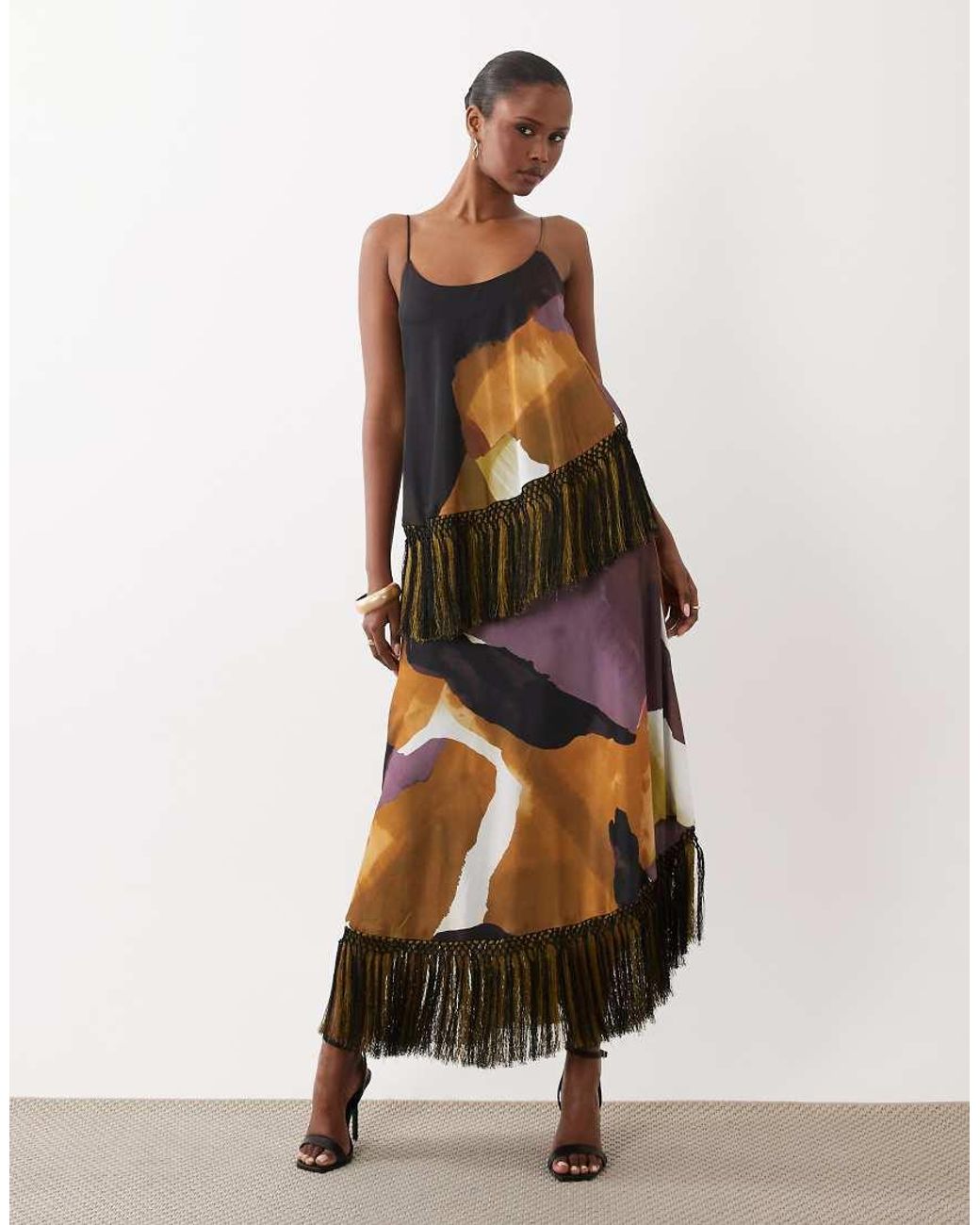 ASOS Multicolor Double Tier Layered Two Tone Fringe Satin Cami Maxi Dress