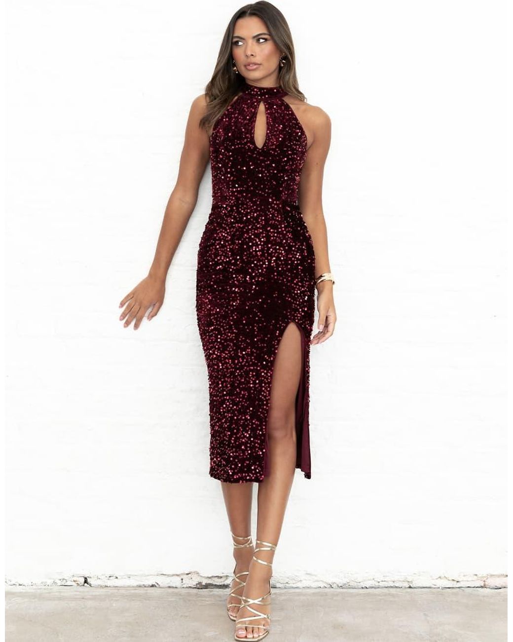 Maya Red Embellished Velvet Halter Neck Midi Dress